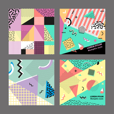 Retro vintage 80s or 90s fashion style. Memphis cards. Trendy geometric elements. Modern abstract design poster, cover, card design. Vector illustration. Big set.のイラスト素材