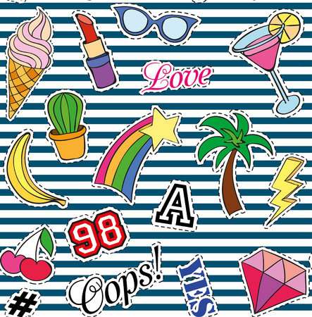 Seamless pattern with Fashion patches. stickers, pins, patches and handwritten notes collection in cartoon 80s-90s comic style. Trend. Vector illustration. Vector clip art.のイラスト素材