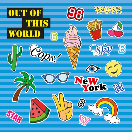 Fashion patch badges with different elements. Set of stickers, pins, patches and handwritten notes collection in cartoon 80s-90s comic style. Vector illustration isolated. Vector clip art.のイラスト素材