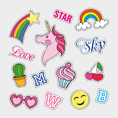 Fashion patch badges with different elements. Set of stickers, pins, patches and handwritten notes collection in cartoon 80s-90s comic style. Vector illustration isolated. Vector clip art.のイラスト素材