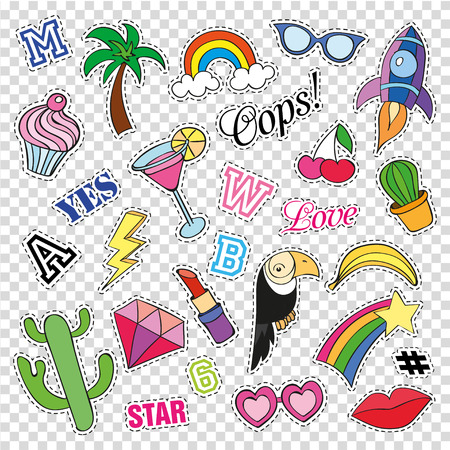 Fashion patch badges with different elements on transparent background. Set of stickers, pins, patches. collection in cartoon 80s-90s comic style. Trend. Vector illustration isolated. Vector clip art.のイラスト素材