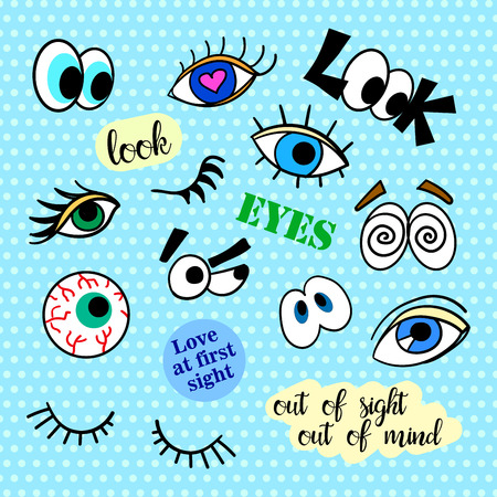 Fashion patch badges. Eyes set. Pop Art. Stickers, pins, patches and handwritten notes collection in cartoon 80s-90s comic style. Trend. Vector illustration isolated. Vector clip art.のイラスト素材
