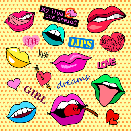 Fashion patch badges. Lips set. Set of stickers, pins, patches and handwritten notes collection in cartoon 80s-90s comic style. Trend. Vector illustration isolated. Vector clip art.のイラスト素材