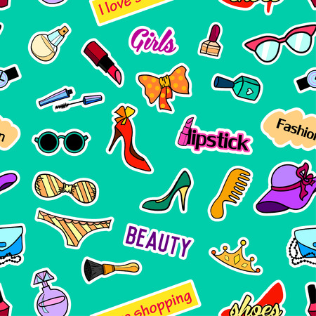 Seamless pattern with fashion patch badges. Pop art. Vector background with stickers, pins, patches in cartoon 80s-90s comic style. Beauty and fashion. Vector clip-art.のイラスト素材