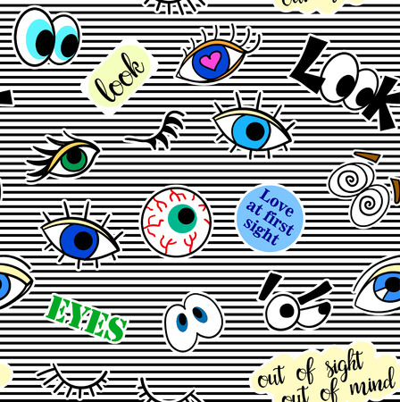 Seamless pattern with fashion patch badges. Pop art. Vector background with stickers, pins, patches in cartoon 80s-90s comic style. Eyes. Vector clip-art.のイラスト素材
