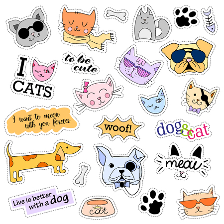 Fashion patch badges. Cats and dogs set. Set of stickers, pins, patches and handwritten notes collection in cartoon 80s-90s comic style. Trend. Vector illustration isolated. Vector clip art.のイラスト素材