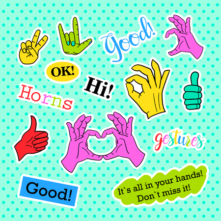 Fashion patch badges. Hands set. Stickers, pins, patches and handwritten notes collection in cartoon 80s-90s comic style. Trend. Vector illustration isolated. Vector clip art.のイラスト素材