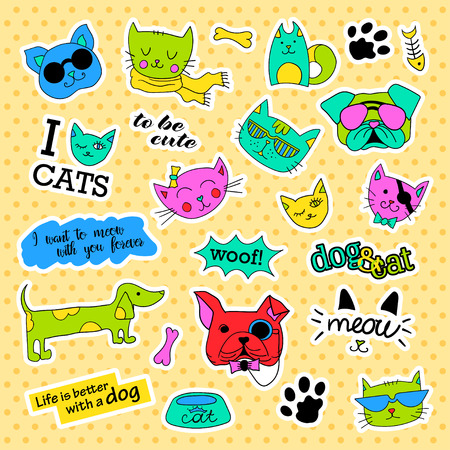 Fashion patch badges. Cat and dog set. Set of stickers, pins, patches and handwritten notes collection in cartoon 80s-90s comic style. Trend. Vector illustration isolated. Vector clip art.のイラスト素材