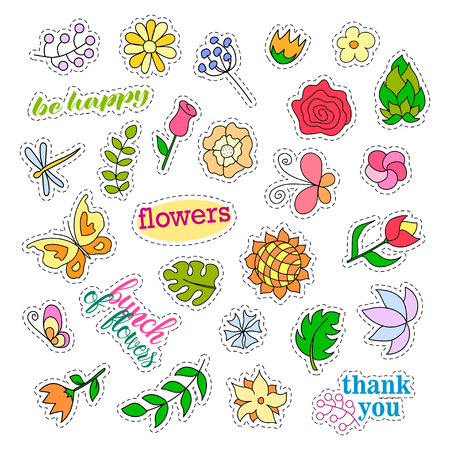 Fashion patch badges. Flowers set. Stickers, pins, patches and handwritten notes collection in cartoon 80s-90s comic style. Trend. Vector illustration isolated. Vector clip art.のイラスト素材