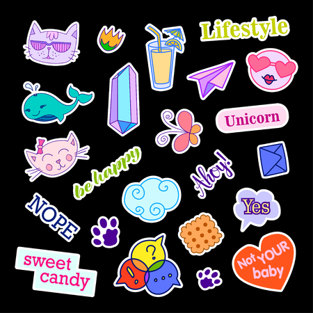 Fashion patch badges with different elements. Set of stickers, pins, patches and handwritten notes collection in cartoon 80s-90s comic style. Vector illustration isolated. Vector clip art.のイラスト素材