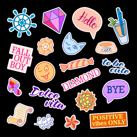Fashion patch badges with different elements. Set of stickers, pins, patches and handwritten notes collection in cartoon 80s-90s comic style. Vector illustration isolated. Vector clip art.のイラスト素材
