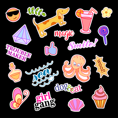 Fashion patch badges with different elements. Set of stickers, pins, patches and handwritten notes collection in cartoon 80s-90s comic style. Vector illustration isolated. Vector clip art.のイラスト素材