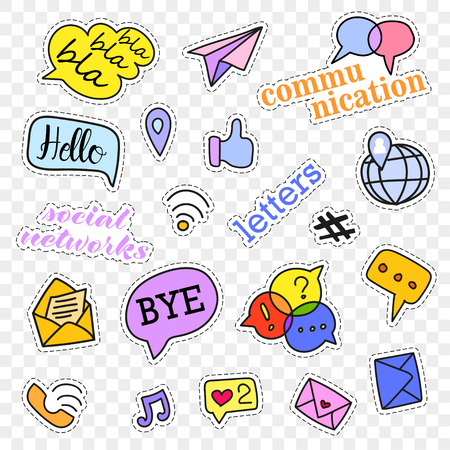 Fashion patch badges.Social networks set.Stickers,pins,patches and handwritten notes collection in cartoon 80s-90s comic style.Vector illustration isolated on transparent background.Vector clip art.の写真素材