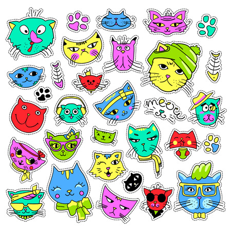 Pop art set with fashion patch badges. Cats and kittens Stickers, pins, patches, quirky, handwritten notes collection. 80s-90s style. Trend. Vector illustration isolated. Vector clip art.のイラスト素材