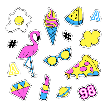 Pop art set with fashion patch badges and different elements. Stickers, pins, patches, quirky, handwritten notes collection. 80s-90s style. Trend. Vector illustration isolated. Vector clip art.のイラスト素材
