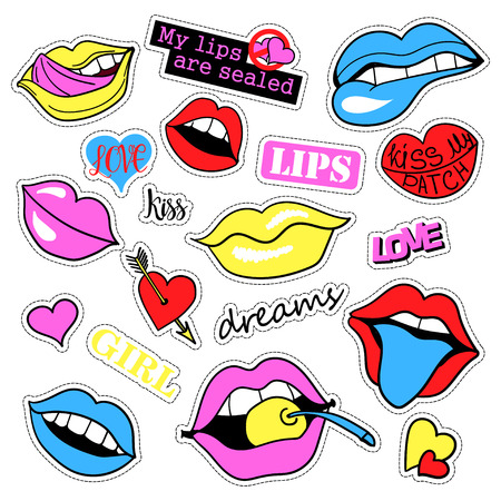 Pop art set with fashion patch badges and different lips. Stickers, pins, patches, quirky, handwritten notes collection. 80s-90s style. Trend. Vector illustration isolated. Vector clip art.のイラスト素材