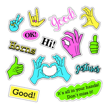 Pop art set with fashion patch badges and different hands. Stickers, pins, patches, quirky, handwritten notes collection. 80s-90s style. Trend. Vector illustration isolated. Vector clip art.のイラスト素材