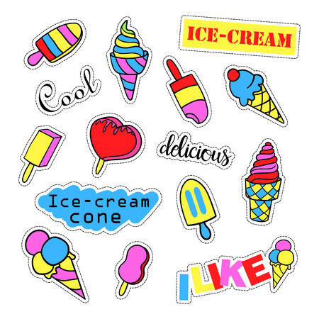 Pop art set with fashion patch badges and different ice creams. Stickers, pins, patches, quirky, handwritten notes collection. 80s-90s style. Trend. Vector illustration isolated. Vector clip art.のイラスト素材