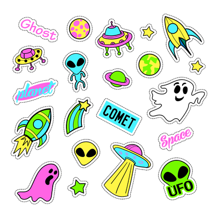 Pop art set with fashion patch badges and different ufo elements. Stickers, pins, patches, quirky, handwritten notes collection. 80s-90s style. Trend. Vector illustration isolated. Vector clip art.のイラスト素材