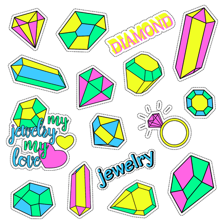 Pop art set with fashion patch badges and different diamonds, jewelry. Stickers, pins, patches, quirky, handwritten notes collection. 80s-90s style. Trend. Vector illustration isolated. Clip art.のイラスト素材