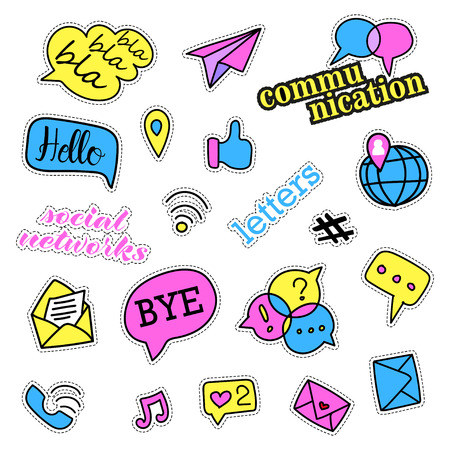 Pop art set with fashion patch badges. Social networks set. Stickers, pins, patches, quirky, handwritten notes collection.のイラスト素材