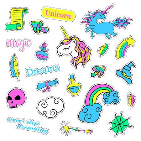Pop art set with fashion patch badges. Magic set. Stickers, pins, patches, quirky, handwritten notes collection.のイラスト素材
