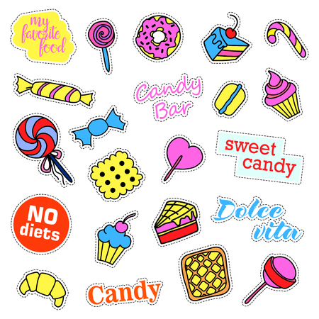 Pop art set with fashion patch badges. Stickers, pins, patches, quirky, handwritten notes collection.のイラスト素材