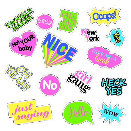 Pop art set with fashion patch badges. Stickers, pins, patches, quirky, handwritten notes collection.のイラスト素材