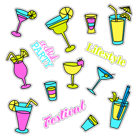 Pop art set with fashion patch badges. Cocktails. Stickers, pins, patches, quirky, handwritten notes collection.のイラスト素材