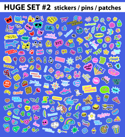 Huge pop art set with fashion patch, badges, stickers, pins, patches, quirky, handwritten notes collection.のイラスト素材
