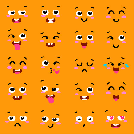 Square emoticon emoji set. Set of colorful emoticons, emoji flat backgound. Colorful emoticon face flat design icons set. Different emotions collection.のイラスト素材