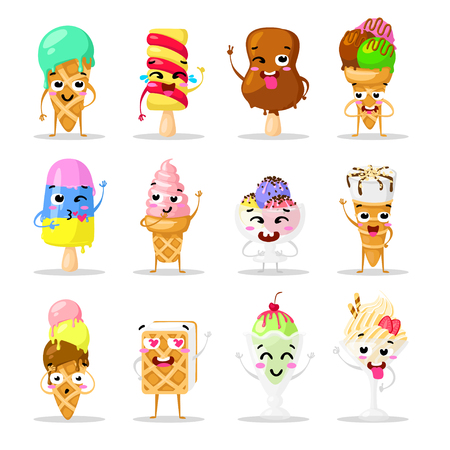 Collection sweets emotion lovely ice cream, doodle icons. Beautiful sweet ice cream. Set of funny ice creams.のイラスト素材