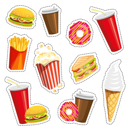 Set of colorful cartoon fast food icons on white background.のイラスト素材