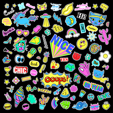 Fashion quirky cartoon doodle patch badges with cute elements. Isolated vector. Set of stickers,pins,patches in cartoon comic style of 80s 90s. Hearts,speech bubbles,love, lips, hearts, eyes, stars.のイラスト素材