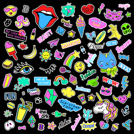 Fashion quirky cartoon doodle patch badges with cute elements. Isolated vector. Set of stickers,pins,patches in cartoon comic style of 80s 90s. Hearts,speech bubbles,love, lips, hearts, eyes, stars.のイラスト素材