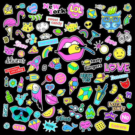 Fashion quirky cartoon doodle patch badges with cute elements. Isolated vector. Set of stickers,pins,patches in cartoon comic style of 80s 90s. Hearts,speech bubbles,love, lips, hearts, eyes, stars.のイラスト素材