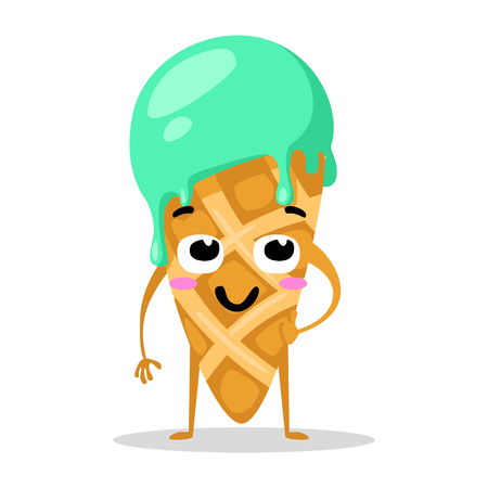 Funny cartoon cute ice cream. Kawaii funny muzzle. Vector illustration. Happy face. Collection emotions, doodle icons. Beautiful sweet ice cream. Flat ice cream design. Vector clip art.のイラスト素材