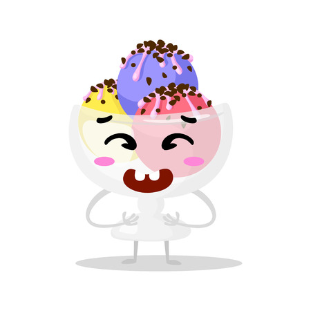 Funny cartoon cute ice cream. Kawaii funny muzzle. Vector illustration. Happy face. Collection emotions, doodle icons. Beautiful sweet ice cream. Flat ice cream design. Vector clip art.のイラスト素材