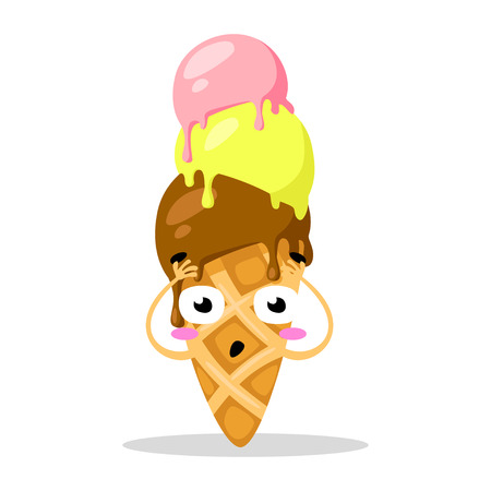 Funny cartoon cute ice cream. Kawaii funny muzzle. Vector illustration. Happy face. Collection emotions, doodle icons. Beautiful sweet ice cream. Flat ice cream design. Vector clip art.のイラスト素材