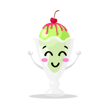 Funny cartoon cute ice cream. Kawaii funny muzzle. Vector illustration. Happy face. Collection emotions, doodle icons. Beautiful sweet ice cream. Flat ice cream design. Vector clip art.のイラスト素材