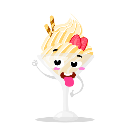 Funny cartoon cute ice cream. Kawaii funny muzzle. Vector illustration. Happy face. Collection emotions, doodle icons. Beautiful sweet ice cream. Flat ice cream design. Vector clip art.のイラスト素材