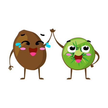 Kiwi. Cute fruit vector character couple isolated on white background. Funny emoticons faces. Vector illustration. Vector clip art.のイラスト素材
