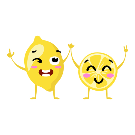 Lemon. Cute fruit vector character couple isolated on white background. Funny emoticons faces. Vector illustration. Vector clip art.のイラスト素材