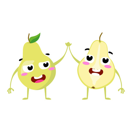 Pear. Cute fruit vector character couple isolated on white background. Funny emoticons faces. Vector illustration. Vector clip art.のイラスト素材