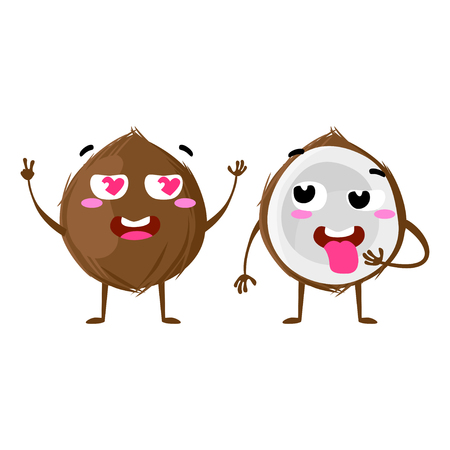 Coconut. Cute fruit vector character couple isolated on white background. Funny emoticons faces. Vector illustration. Vector clip art.のイラスト素材