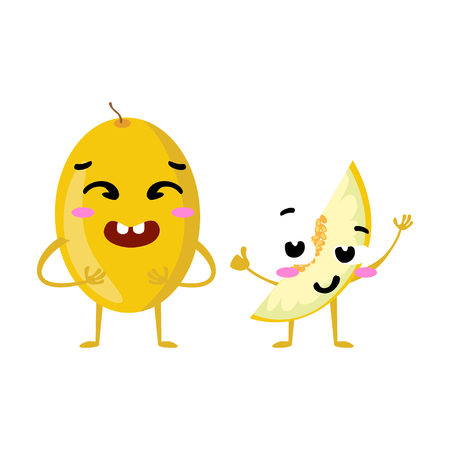 Melon. Cute fruit vector character couple isolated on white background. Funny emoticons faces. Vector illustration. Vector clip art.のイラスト素材