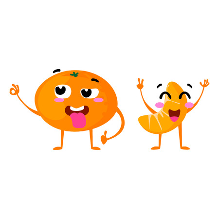 Mandarin. Cute fruit vector character couple isolated on white background. Funny emoticons faces. Vector illustration. Vector clip art.のイラスト素材