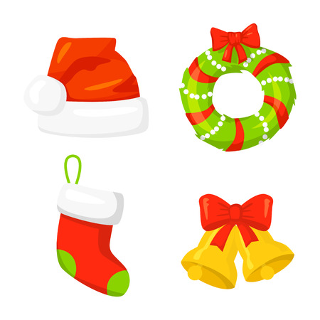 Christmas Icon Set Collection Vector. cartoon. New year traditional symbols collection. Christmas and New Year icons and objects. Wreath, bells, cap and sock. vector clip artのイラスト素材