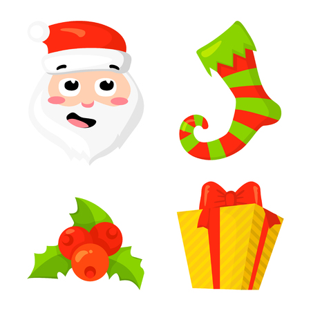 Christmas Icon Set Collection Vector. cartoon. New year traditional symbols collection. Christmas and New Year icons and objects. Santa, gift, sock and berry. vector clip artのイラスト素材