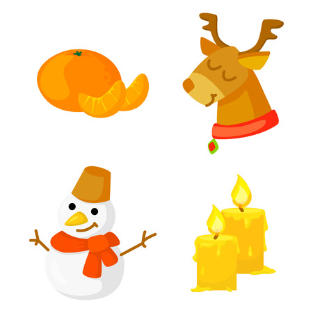 Christmas Icon Set Collection Vector. cartoon. New year traditional symbols collection. Christmas and New Year icons and objects. Snowman, deer, candles and mandarin. vector clip artのイラスト素材